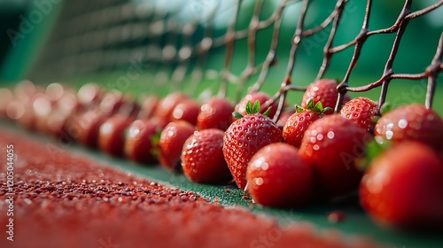 A tennis court with chocolate covered strawberries as the net and sugarcoated balls