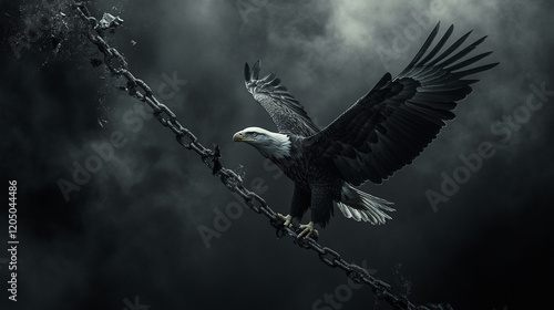 An eagle soaring above a shattered chain, symbolizing freedom, liberation, and breaking free from constraints photo