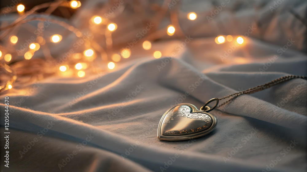 glowing heart shaped pendant rests on soft fabric, surrounded by warm lights, evoking sense of love and warmth glowing heart shaped pendant rests on soft fabric, surrounded by warm lights, evoking sense of love and warmth