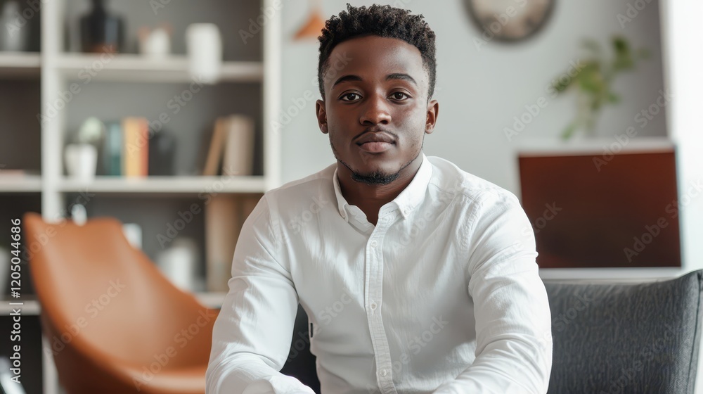Obraz premium Young entrepreneur dressed in business casual clothing, preparing for a meeting with investors in a relaxed office.