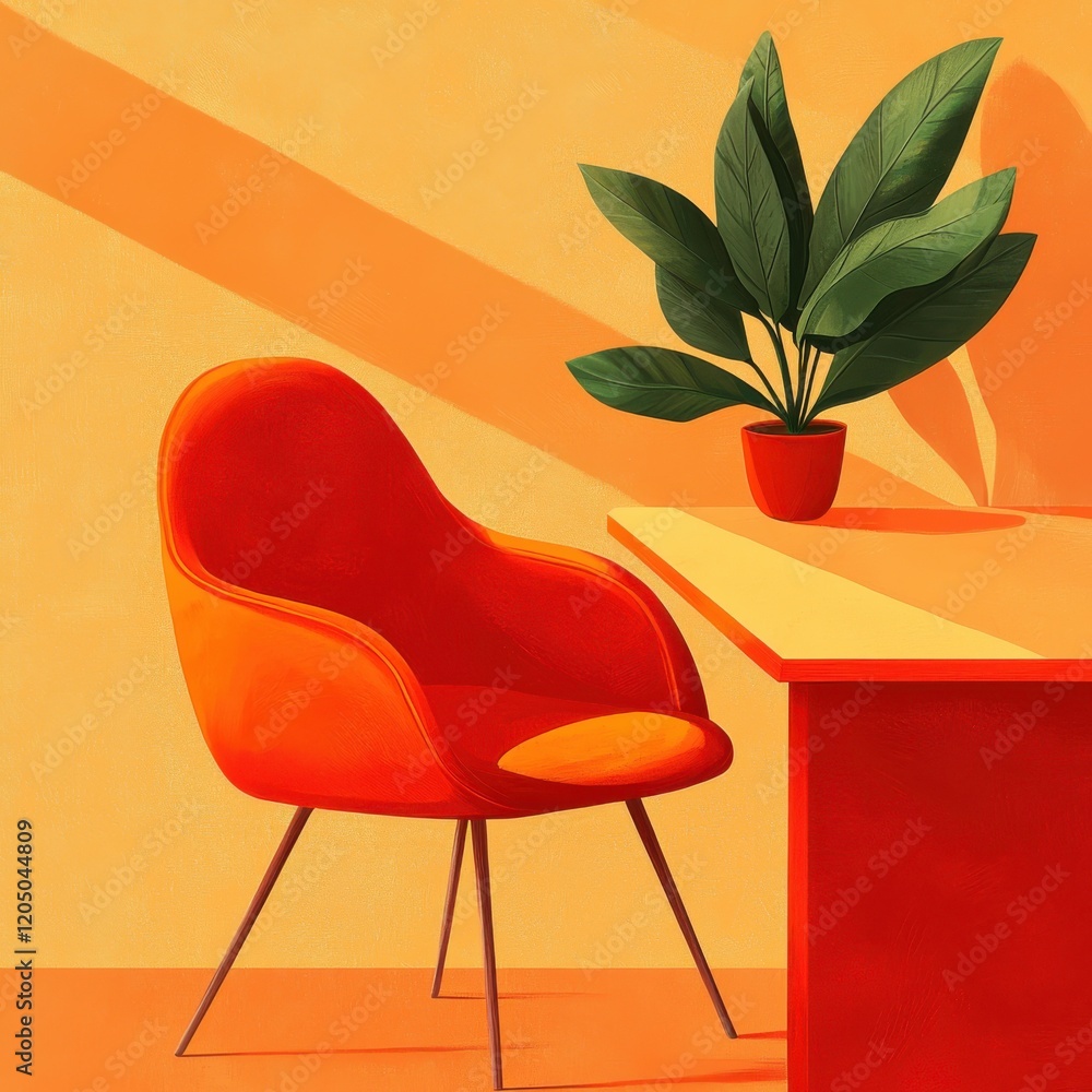 Fototapeta premium Dynamic home office decor illustrations featuring modern workspace design and vibrant color palette