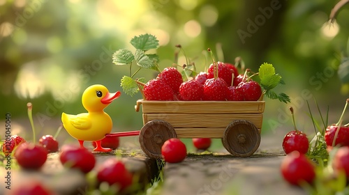 A toy duck pushing a cart filled with cherries and strawberries through a park