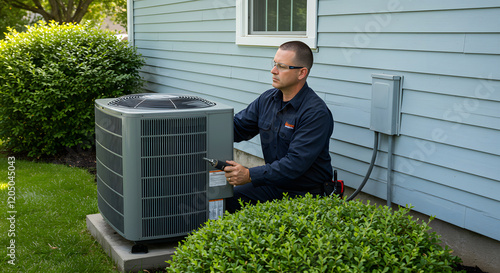 HVAC technician servicing outdoor air conditioning unit during seasonal maintenance check