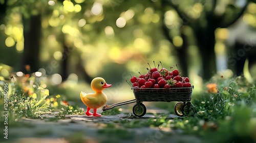 A toy duck pushing a cart filled with cherries and strawberries through a park