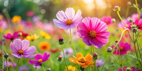 Wallpaper Mural Colorful cosmos flowers blooming in a lush green garden with tall stalks and vibrant blooms , cosmos, bloom,  cosmos Torontodigital.ca
