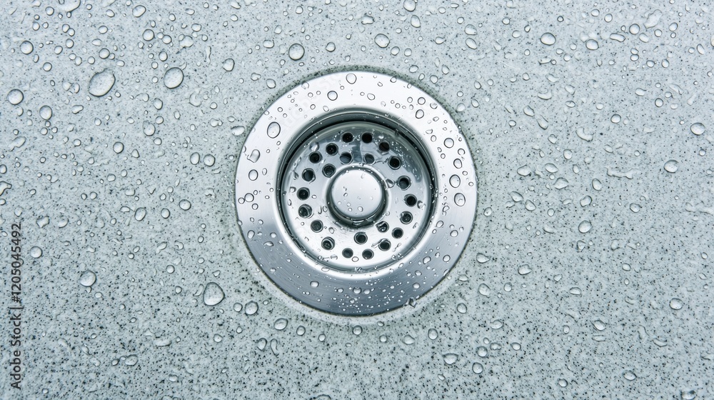 A sink with a drain that is covered in water droplets A sink with a drain that is covered in water droplets