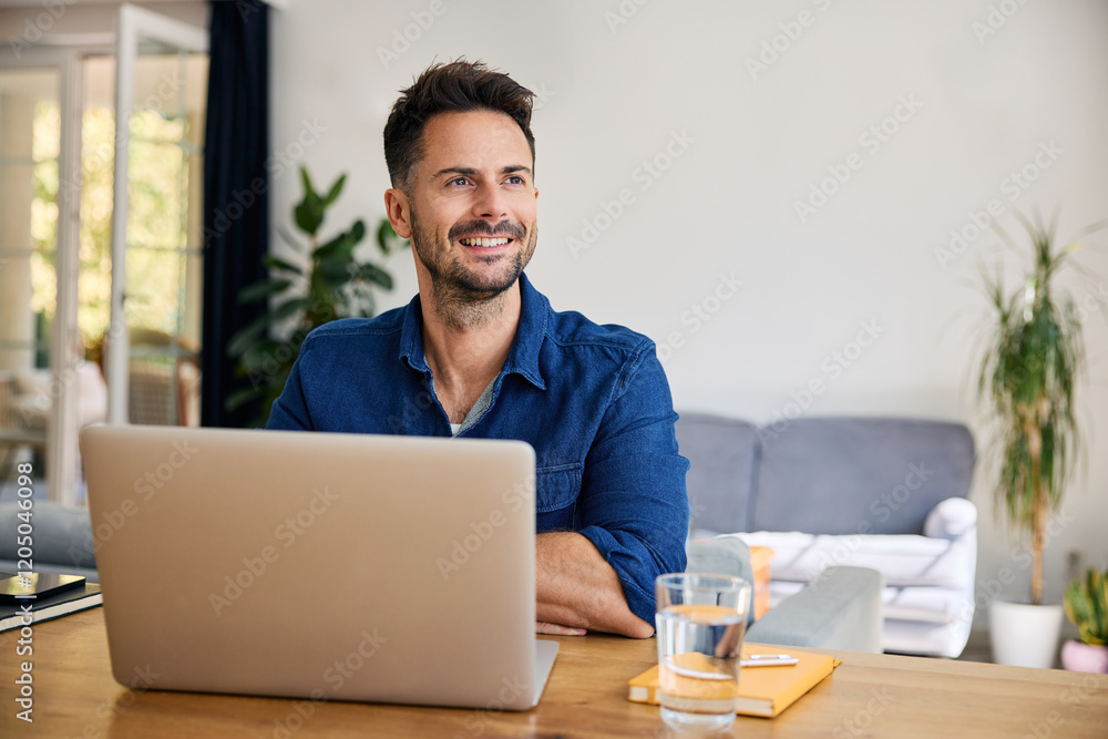 Thoughtful man at home working on laptop looking away Thoughtful man at home working on laptop looking away