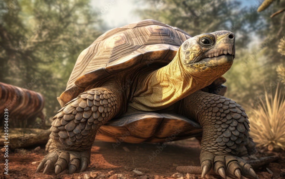 Naklejka premium Giant Tortoise Walking Through a Lush Forest