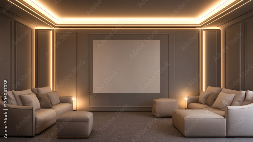 Luxurious Modern Home Theater Room with Ambient Lighting and Neutral Tones Luxurious Modern Home Theater Room with Ambient Lighting and Neutral Tones