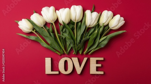 A bouquet of white tulips is arranged on a red background with the word LOVE wri photo