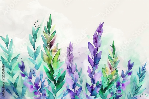 Watercolor illustration of abstract spring flowers with shades of lavender and mint green, vibrant petals creating a serene background with copy space.
