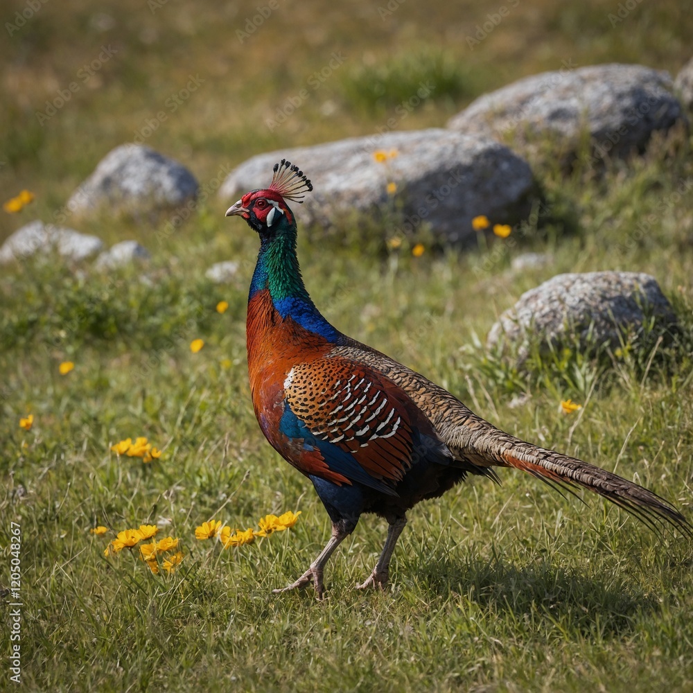 A colorful pheasant walking through a meadow near a rocky mountain base. A colorful pheasant walking through a meadow near a rocky mountain base.