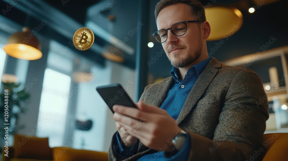 A businessman transferring cryptocurrency funds using a digital wallet on his smartphone in a modern office. A businessman transferring cryptocurrency funds using a digital wallet on his smartphone in a modern office.