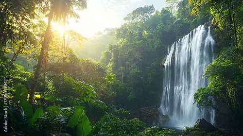 Sunlit Waterfall Cascading Through Lush Tropical Rainforest.