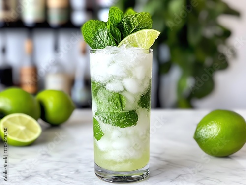 Virgin mojito in a highball glass with crushed ice, mint leaves, lime wedges, and a splash of soda photo