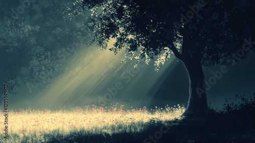 Sunlit Meadow Beneath a Forest Tree