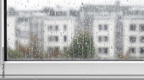 Raindrops on a Windowpane with Blurred Background of Apartment Building Showcasing a Gloomy and Cozy Atmosphere for Home and Nature Lovers photo