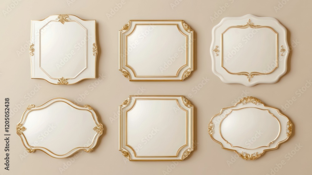Elegant pearl white labels set glossy labels with golden frame over beige background Elegant pearl white labels set glossy labels with golden frame over beige background