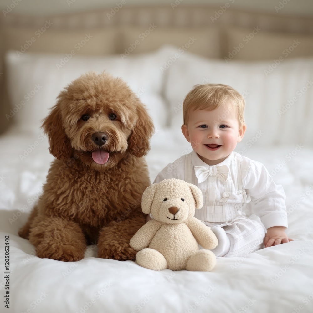 Cute Baby Smiling with a Fluffy Dog and a Teddy Bear on a Cozy Bed in Soft Natural Lighting, Perfect for Family and Pet Love Themes Cute Baby Smiling with a Fluffy Dog and a Teddy Bear on a Cozy Bed in Soft Natural Lighting, Perfect for Family and Pet Love Themes