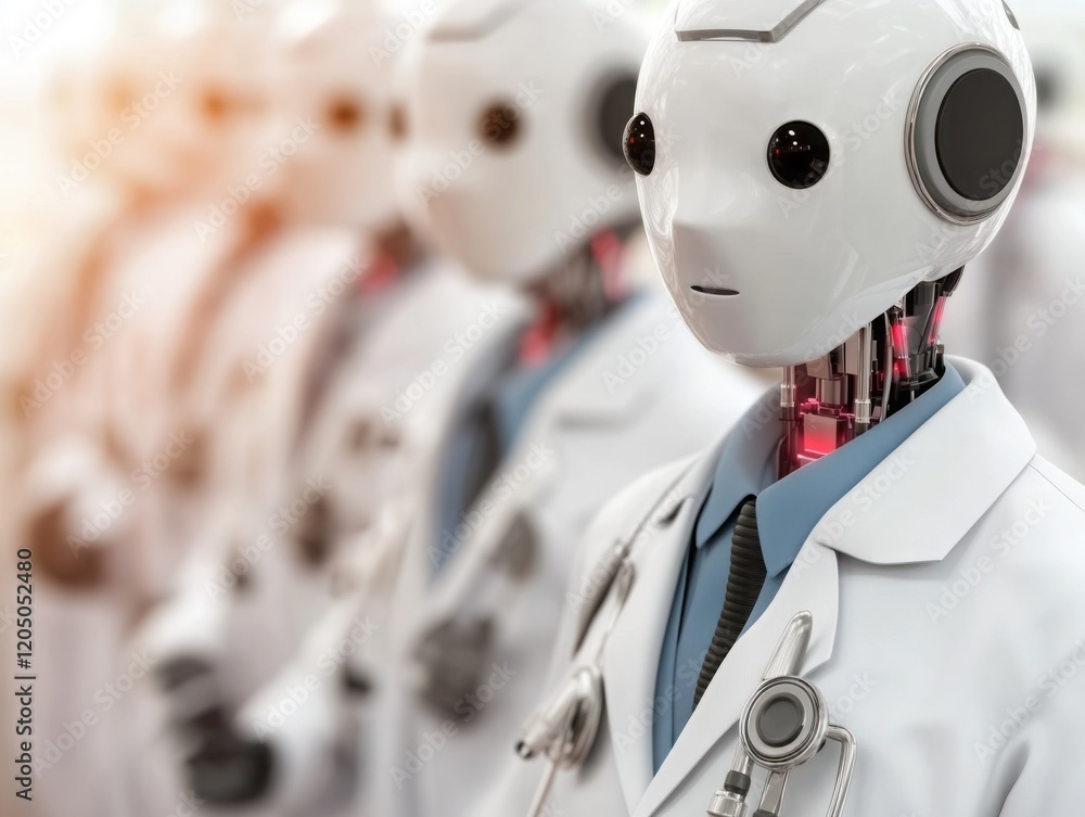 Fototapeta premium Futuristic Robots in Medical Attire Representing Advanced Technology and Healthcare Innovations in a Modern Medical Environment with a Focus on AI Robotics