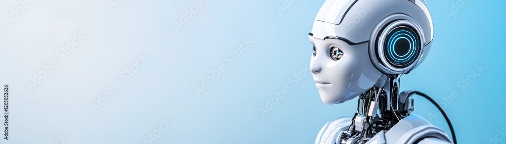 Futuristic humanoid robot with a sleek design, blue background showcasing the advancement of artificial intelligence and robotic technology in modern society and innovation. Futuristic humanoid robot with a sleek design, blue background showcasing the advancement of artificial intelligence and robotic technology in modern society and innovation.