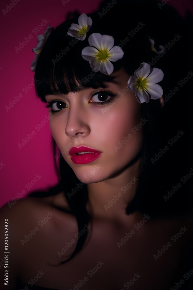 Fototapeta premium Portrait of a young woman with flowers in her hair against a pink background.