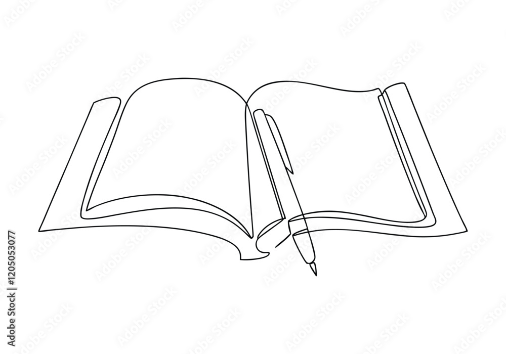 Continuous One-Line Drawing of an Open Book and Pen - Minimalist Study Illustration Continuous One-Line Drawing of an Open Book and Pen - Minimalist Study Illustration