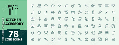 Set of Kitchen Accessory line icons. Contains such icons as knife, cook, fork, chef, cup, tool and more. Minimalistic icons. Editable stroke.