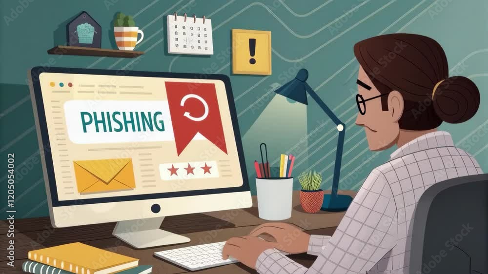 Person Working on Computer Displaying Phishing Alert in a Modern Workspace Person Working on Computer Displaying Phishing Alert in a Modern Workspace