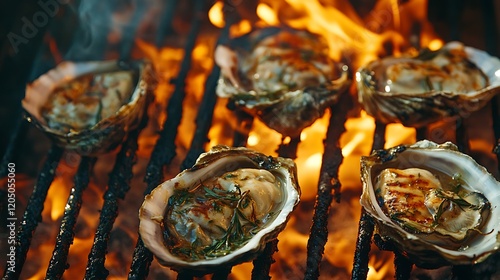 Chargrilled oysters with garlic and herbs by the shore