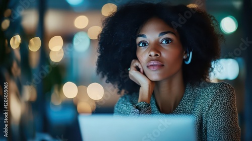 Businesswoman in a modern office, working on a laptop and attending an online conference call for a project presentation. photo