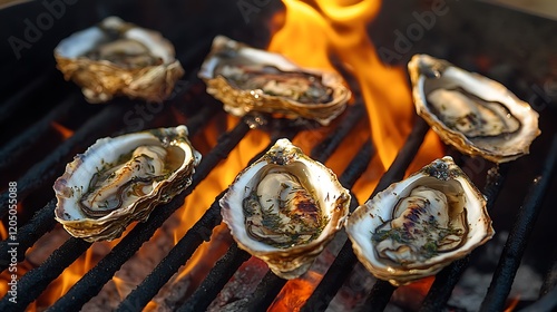 Chargrilled oysters with garlic and herbs by the shore