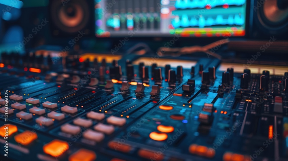 Fototapeta premium Digital audio workstation displaying a complex arrangement of tracks and effects ,close-up