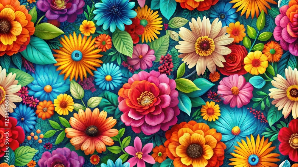 Vibrant abstract floral design seamlessly woven into a repeating pattern of colorful blooms and leaves, creating a unique and modern visual effect, seamless, abstract art Vibrant abstract floral design seamlessly woven into a repeating pattern of colorful blooms and leaves, creating a unique and modern visual effect, seamless, abstract art