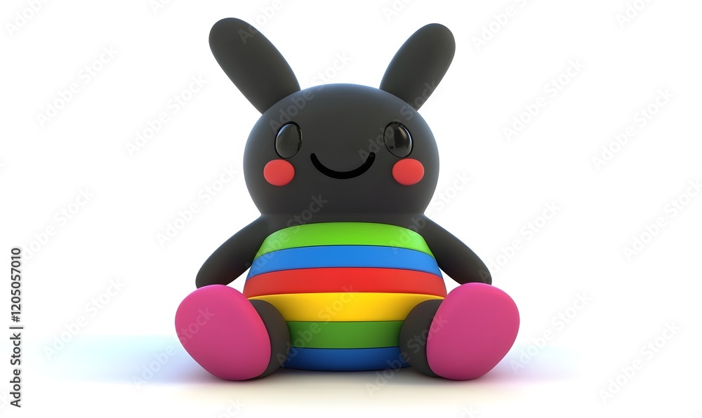 Fototapeta premium Smiling rainbow bunny toy sits, white background, digital render, children's app