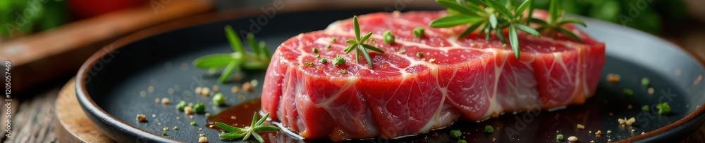Pan-seared raw pork steak on a bone with thyme and rosemary, steak, cuisine Pan-seared raw pork steak on a bone with thyme and rosemary, steak, cuisine