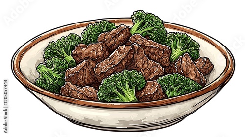 Delicious Beef Stir-fry with Broccoli in a Bowl - Hand-Drawn Illustration.