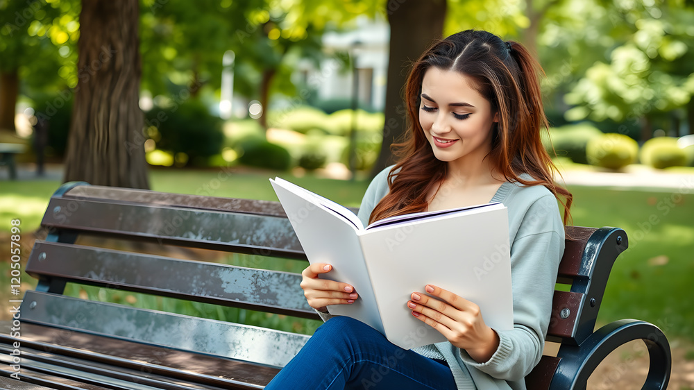 Obraz premium Young woman sitting on a park bench reading a magazine with a blank cover page. Magazine as mock-up. Generative AI