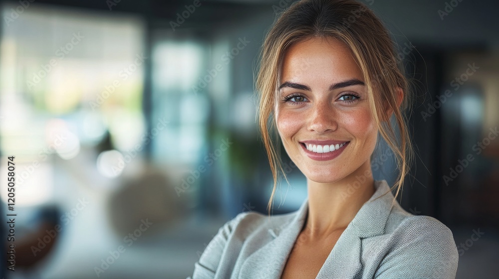 Fototapeta premium A confident young woman smiles in a professional setting