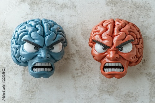 Aggressive depiction of blue and orange cartoon brains with angry expressions, showcasing emotional intensity and symbolic mental clash in a bold vector design photo