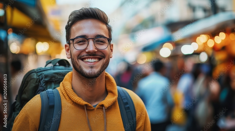 Fototapeta premium Happy Man Smiling Backpack Tourist Street Market