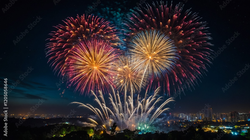 Fireworks show under defocus or blur concepts with isolated black background at night, this celebration is for the International Fireworks Fireworks show under defocus or blur concepts with isolated black background at night, this celebration is for the International Fireworks