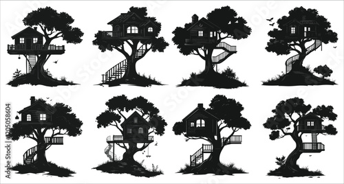  Silhouette of a cozy treehouse, Abstract treehouse icon collection, Treehouse silhouettes in the forest, Children’s treehouse silhouettes in the trees, Beautiful treehouse silhouettes vector