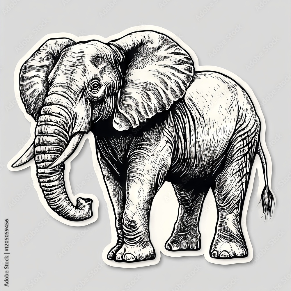 Obraz premium Detailed Black and White Line Art of a Majestic Elephant with Prominent Tusks and Large Ears on a Neutral Background