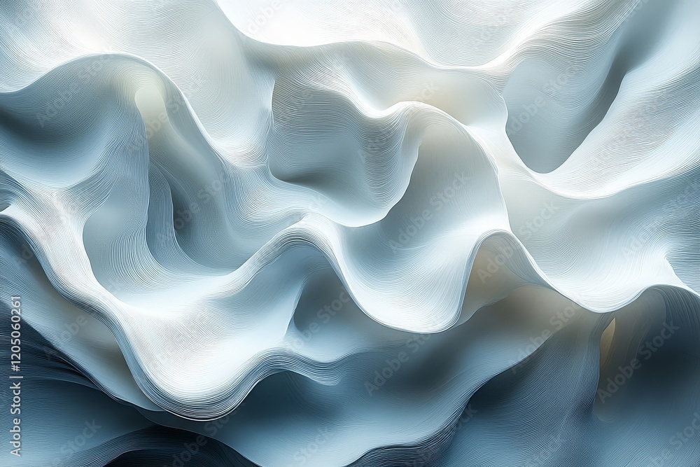 Obraz premium Close-up of textured paper with wavy lines resembling ocean or river waves, soft gray gradient background creating depth and movement.