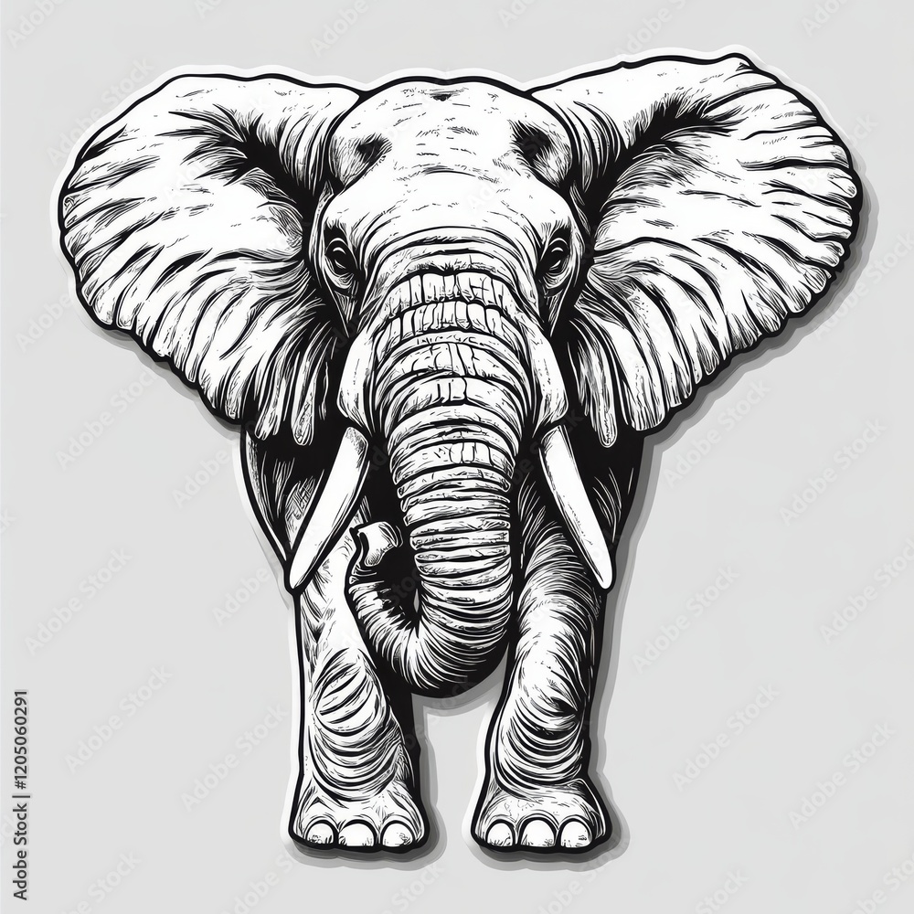 Obraz premium Detailed line art illustration of a majestic elephant with intricate textures and shadows, presented in a striking black and white design