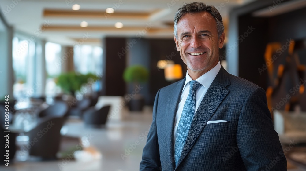 Smiling businessman stands in a modern hotel lobby Smiling businessman stands in a modern hotel lobby