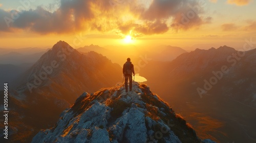 Hiker Stands on Mountaintop at Sunset Overlooking Valley photo