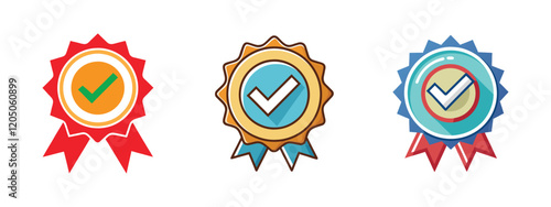 Award ribbon badge with checkmark for certification or recognition. Vector illustration