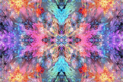 Vibrant Kaleidoscopic Digital Art Pattern with Captivating Prismatic Designs and Iridescent Textures photo